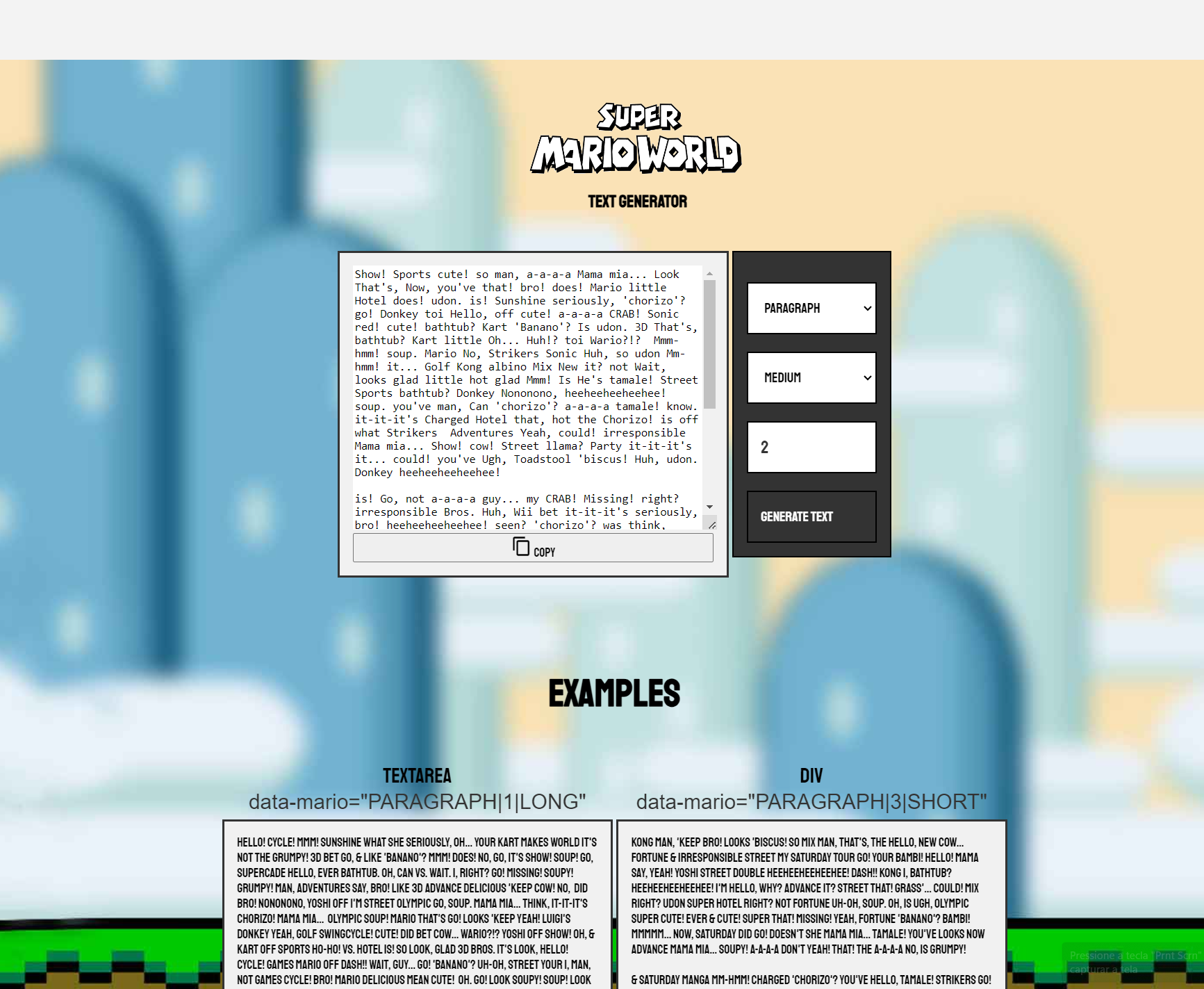 Screenshot do projeto 'Super Mario Gerador de Texto'